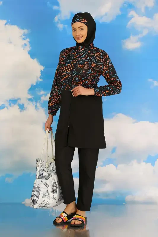 Akbeniz Ayollar Shimli Naqshli To'liq Hijob Mayo Qora 31075 - 6