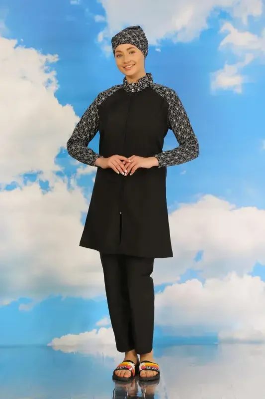 Akbeniz Ayollar Shimli Naqshli To'liq Hijobli Suzish Kiyimi Qora 31072 - 6