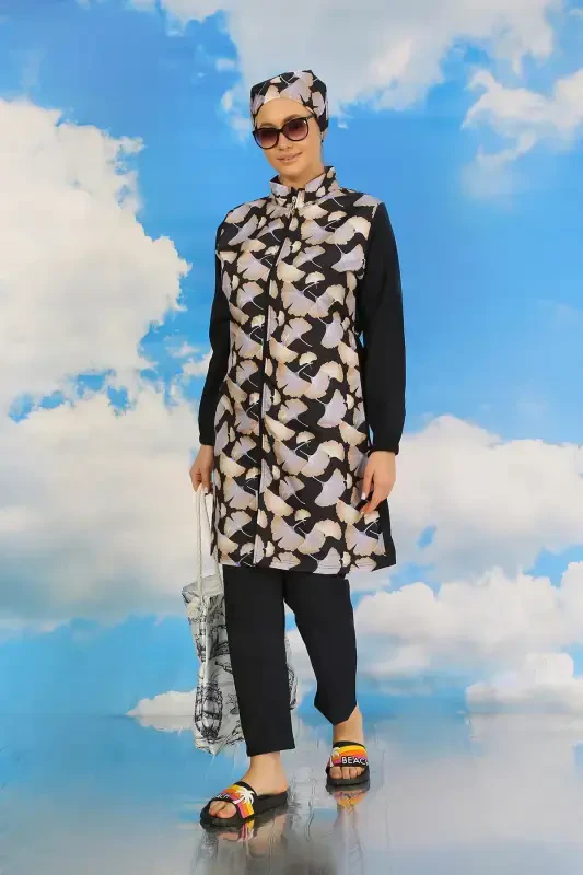 Akbeniz Ayollar Shimli Naqshli To'liq Hijobli Suzish Kiyimi To'q ko'k 31070 - 3