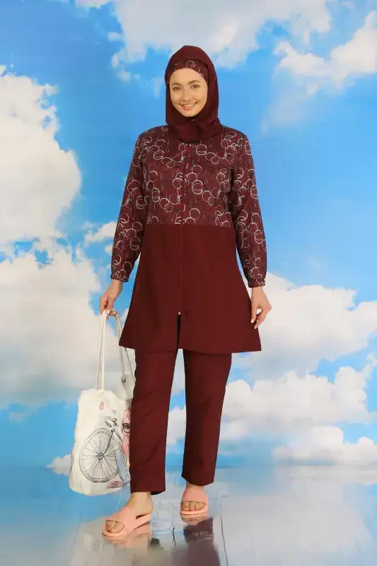 Akbeniz Ayollar Shimli Naqshli To'liq Tesettür Mayo Bordo 31075 - 5