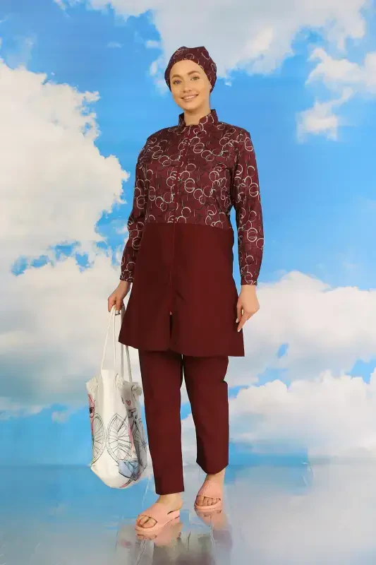 Akbeniz Ayollar Shimli Naqshli To'liq Tesettür Mayo Bordo 31075 - 6