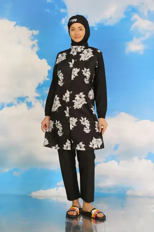 Akbeniz Ayollar Shimli Naqshli To'liq Tesettür Mayo Qora 31070 - 5