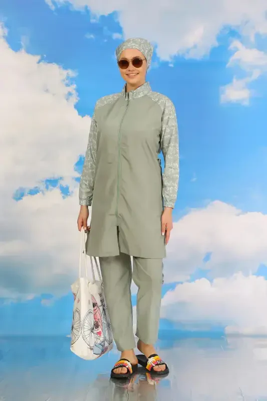 Akbeniz Ayollar Shimli Naqshli To'liq Tesettür Mayo Suv Yashili 31072 - 2