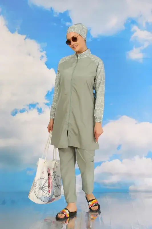 Akbeniz Ayollar Shimli Naqshli To'liq Tesettür Mayo Suv Yashili 31072 - 7