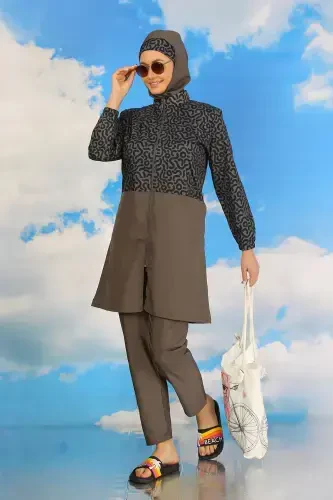 Akbeniz Ayollar Shimli Naqshli To'liq Tesettür Mayo Tutun Rangi 31074 - 6