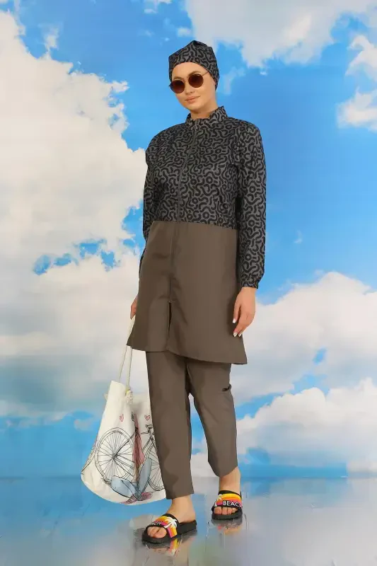 Akbeniz Ayollar Shimli Naqshli To'liq Tesettür Mayo Tutun Rangi 31074 - 7