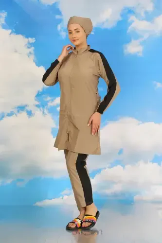 Akbeniz Ayollar Shimli Qo'li Chiziqli To'liq Tesettür Mayo Bej 31066 - 5