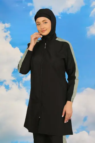 Akbeniz Ayollar Shimli, Qo'lli Chiziqli To'liq Hijob Mayo Qora 31066 - 3