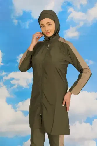 Akbeniz Ayollar Shimli Yengli Chiziqli To'liq Hijob Mayo Haki 31065 - 2