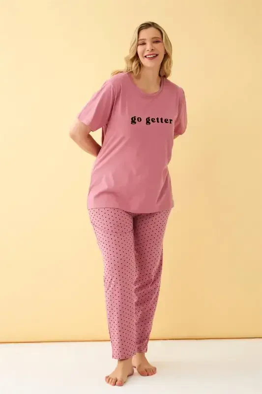 Akbeniz Ayollar Somon Go Getter Yozuvli Katta Razmerdagi Pijama To'plami - 4