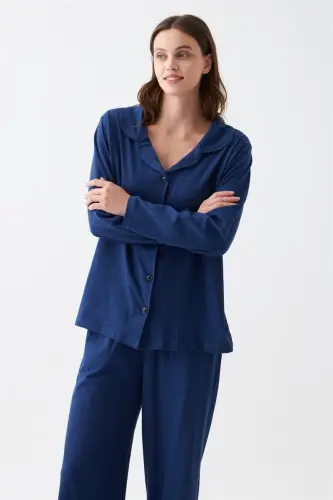 Akbeniz Ayollar To'q ko'k Tugmali Yoqali Paxta Pijama To'plami - 4