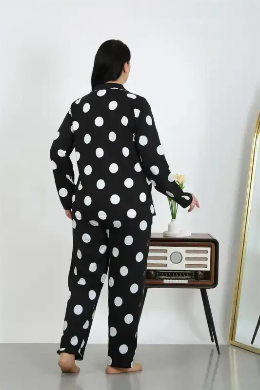 Akbeniz Ayollar uchun katta oʻlchamdagi paxtali choʻntakli tugmali qora pijama toʻplami 202504 - 5