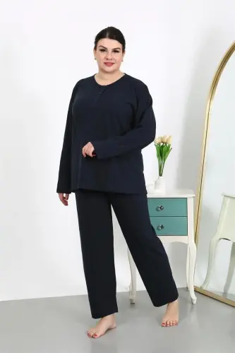 Akbeniz Ayollar uchun katta o‘lchamli uzun yengli paxtali pijama to‘plami to‘q ko‘k 202501 - AKBENIZ (1)