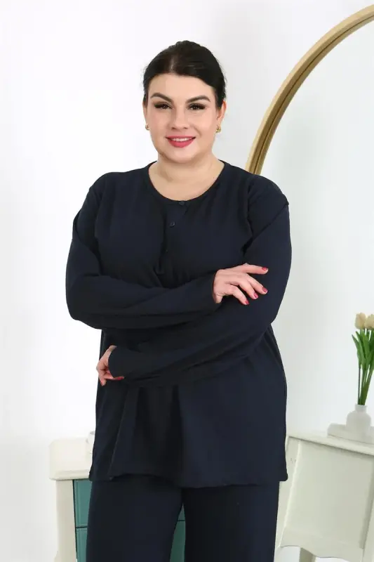 Akbeniz Ayollar uchun katta o‘lchamli uzun yengli paxtali pijama to‘plami to‘q ko‘k 202501 - 6