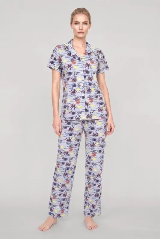 Akbeniz Ayollar uchun kulrang gulli klassik yengli pijama to‘plami - 1