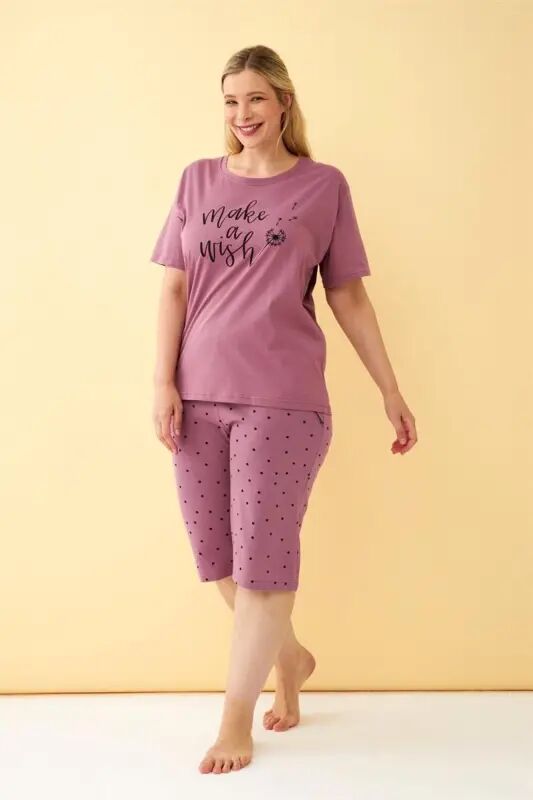 Akbeniz Ayollar uchun “Make a Wish” yozuvli katta o‘lchamdagi kapri pijama to‘plami (to‘q qizil) - 1