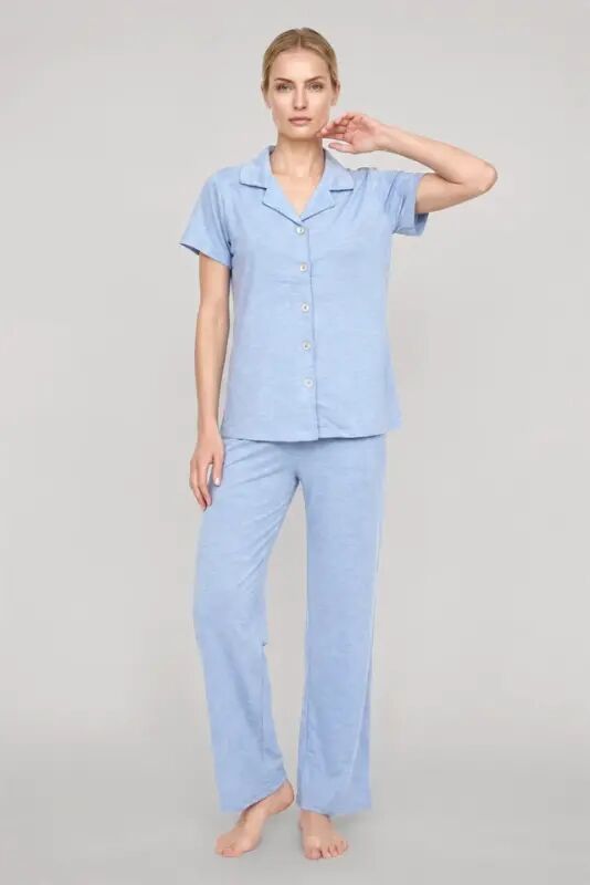 Akbeniz Ayollar uchun Moviy Klassik Yoqali Pijama To‘plami - 2