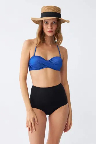 Akbeniz ayollar uchun straplez koʻk yuqori belli bikini toʻplami - 1
