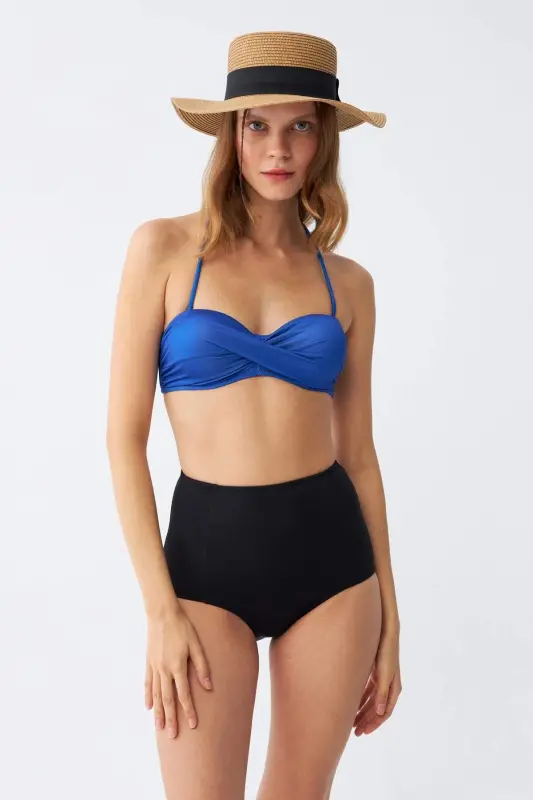 Akbeniz ayollar uchun straplez koʻk yuqori belli bikini toʻplami - BÜYÜKBEDENIZ