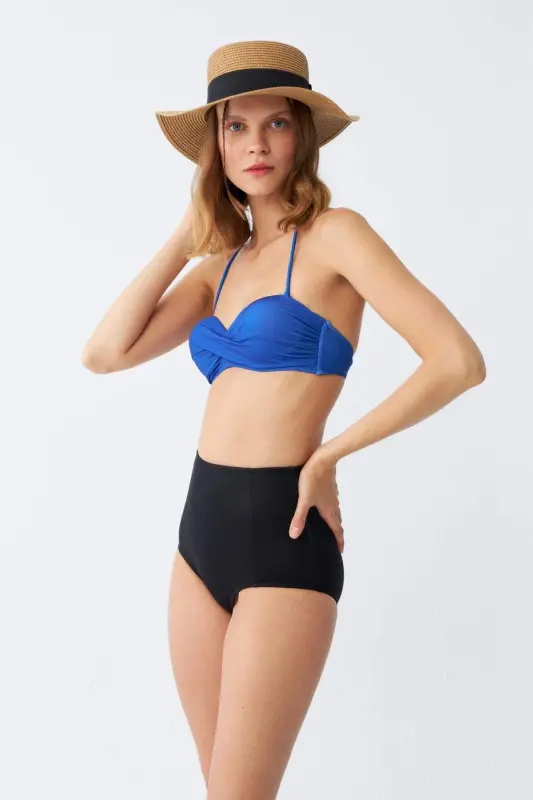 Akbeniz ayollar uchun straplez koʻk yuqori belli bikini toʻplami - 4