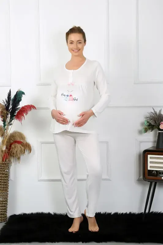 Akbeniz Ayollar Uzun Qo'lli Homilador Emizikli Pijama To'plami Ekru 45501 - 5