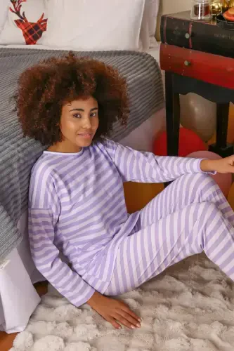 Akbeniz Ayollar Uzun Qo'lli Paxtalik Pijama To'plami 4175 - 6