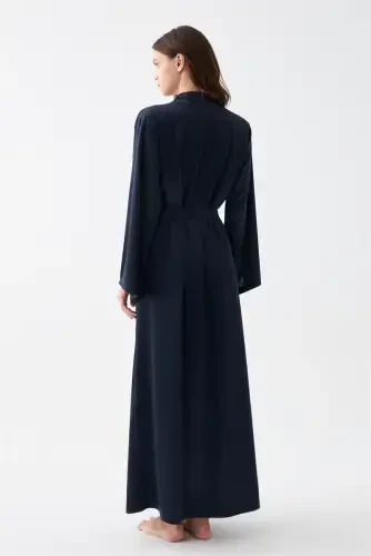 Akbeniz Ayollar uzun to'q ko'k atlas xalat - 5