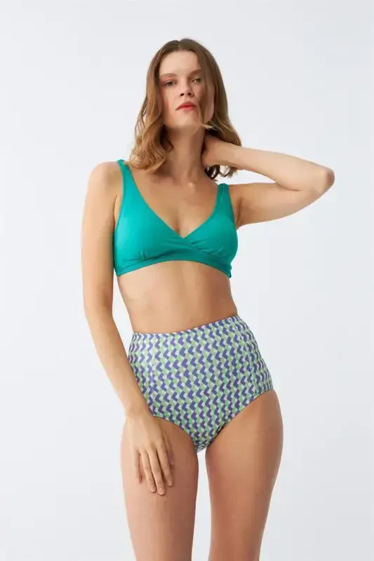 Akbeniz ayollar yashil pedli geometrik naqshli baland belli bikini to'plami - 1