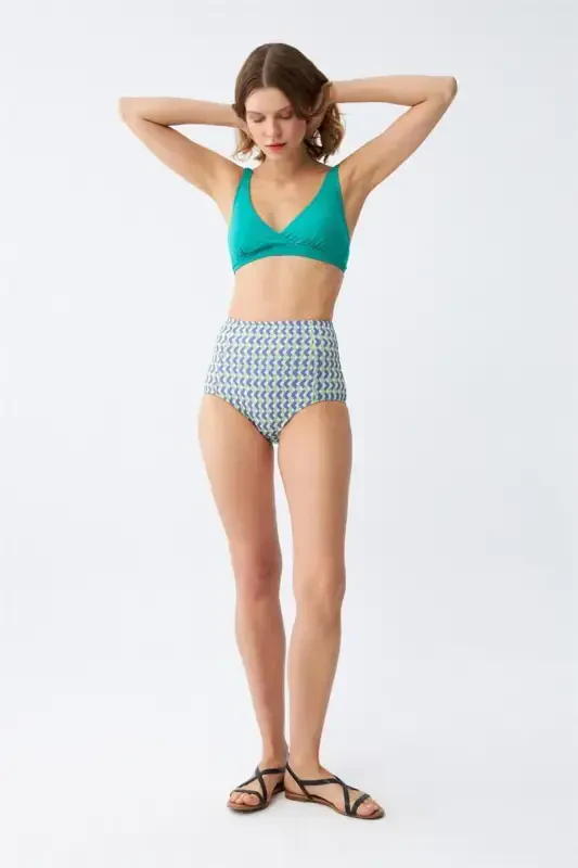 Akbeniz ayollar yashil pedli geometrik naqshli baland belli bikini to'plami - 2