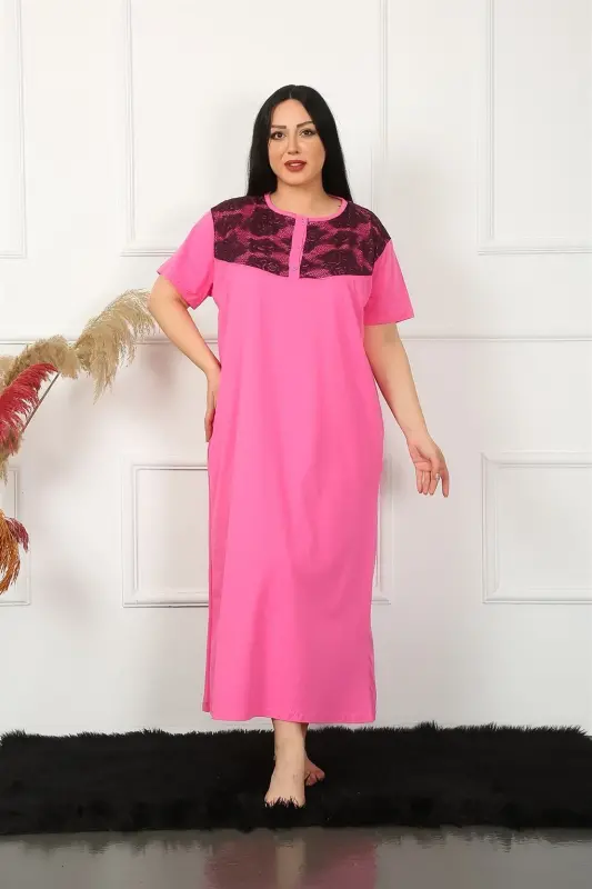 Akbeniz Big Lace Detailed Short Sleeve Fuchsia Mom Nightgown 1348 - 1