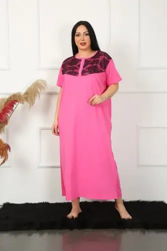 Akbeniz Big Lace Detailed Short Sleeve Fuchsia Mom Nightgown 1348 - 3