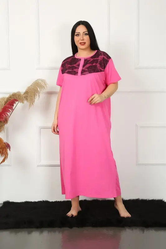 Akbeniz Big Lace Detailed Short Sleeve Fuchsia Mom Nightgown 1348 - 3