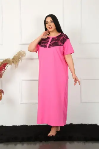 Akbeniz Big Lace Detailed Short Sleeve Fuchsia Mom Nightgown 1348 - 5