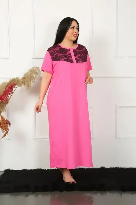 Akbeniz Big Lace Detailed Short Sleeve Fuchsia Mom Nightgown 1348 - 4