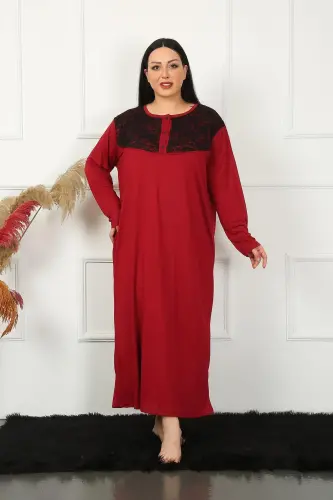 Akbeniz Big Long Sleeve Lace Claret Mother Nightgown 1355 