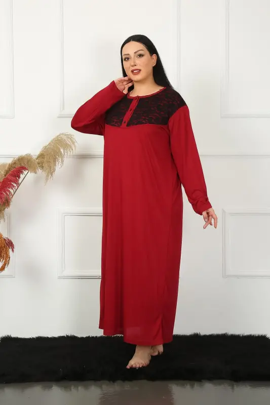 Akbeniz Big Long Sleeve Lace Claret Mother Nightgown 1355 - 4