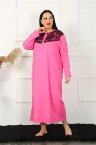 Akbeniz Big Long Sleeve Lace Fuchsia Mom Nightgown 1355 - AKBENIZ (1)