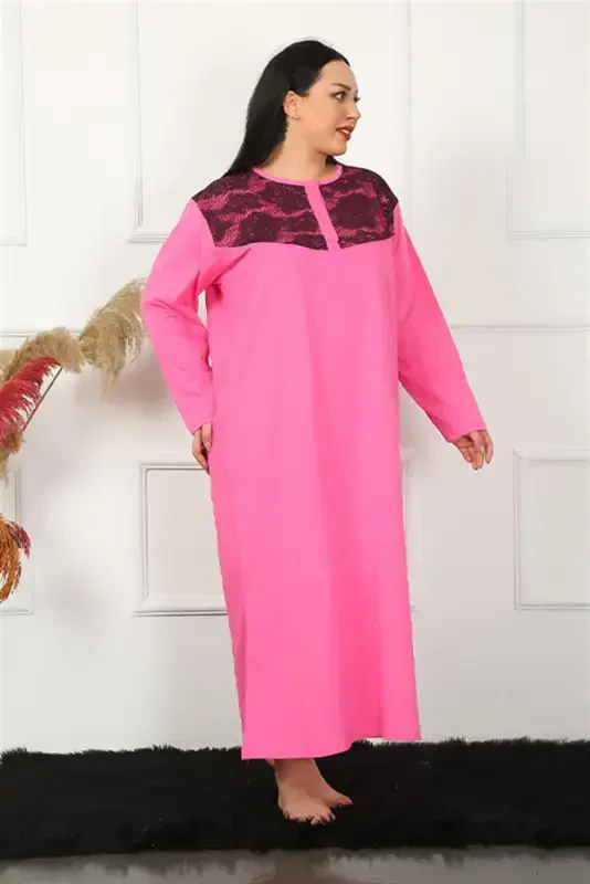 Akbeniz Big Long Sleeve Lace Fuchsia Mom Nightgown 1355 - 3