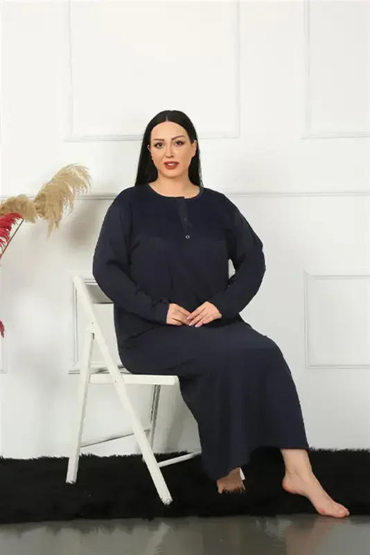Akbeniz Big Long Sleeve Lace Navy Blue Mother Nightgown 1355 - 2