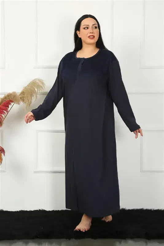 Akbeniz Big Long Sleeve Lace Navy Blue Mother Nightgown 1355 - 3