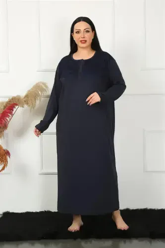 Akbeniz Big Long Sleeve Lace Navy Blue Mother Nightgown 1355 - 4