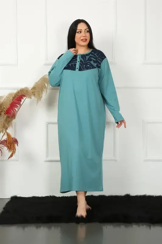Akbeniz Big Long Sleeve Lace Petrol Mother Nightgown 1355 - AKBENIZ