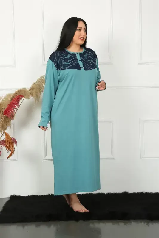 Akbeniz Big Long Sleeve Lace Petrol Mother Nightgown 1355 - 2