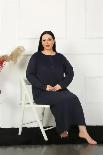 Akbeniz Big Uzun Kol Dantelli Lacivert Anne Gecelik 1355 - AKBENIZ (1)