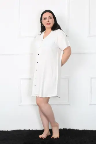 Акбениз Большая Размерная Ткань с Пуговицами Белая Туника Ночная Рубашка 1022 - 3