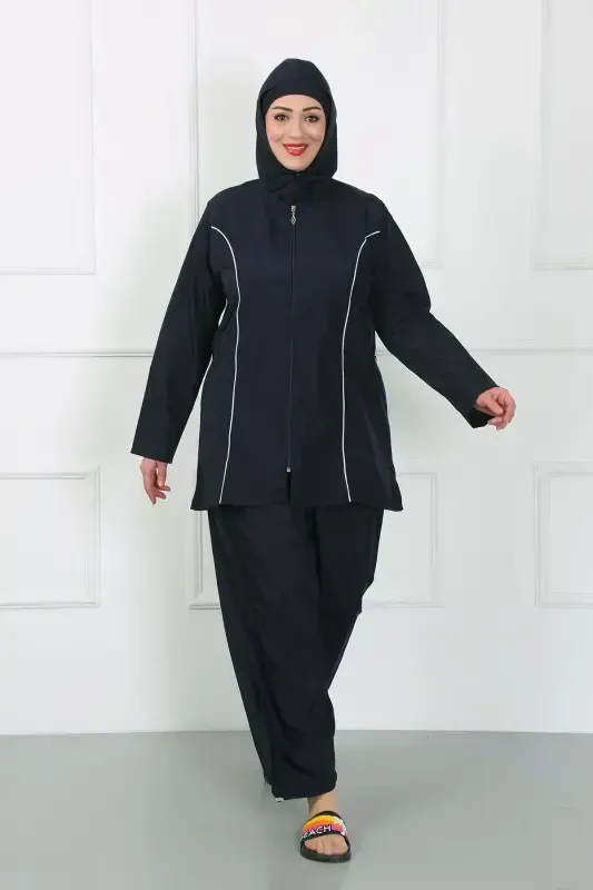 Акбениз Большой Размер Целомудренный Большой Купальник Тёмно-синий 44010 - 1