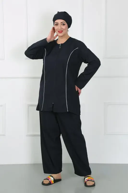 Акбениз Большой Размер Целомудренный Большой Купальник Тёмно-синий 44010 - 5