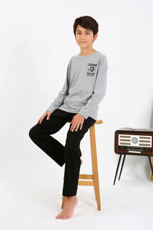 Akbeniz Boys' Long Sleeve Cotton Pajama Set 20437 Gray - 2