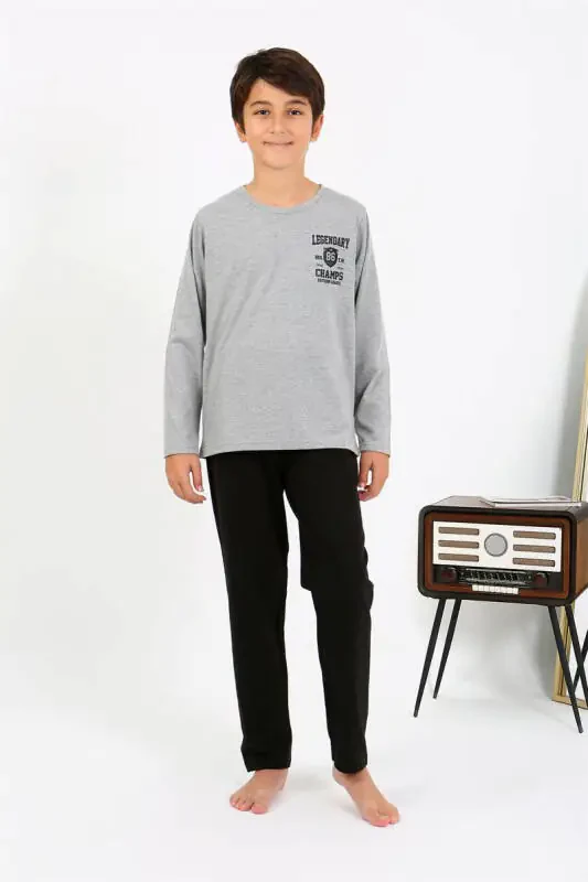 Akbeniz Boys' Long Sleeve Cotton Pajama Set 20437 Gray - 1