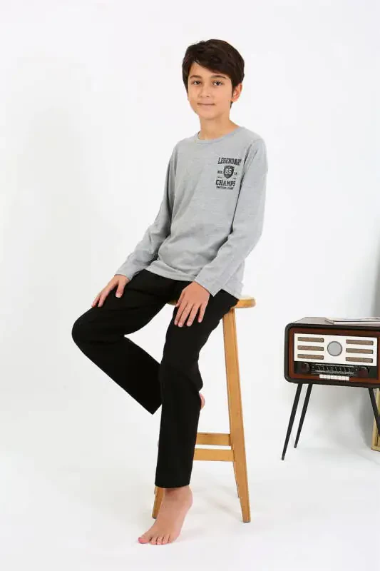 Akbeniz Boys' Long Sleeve Cotton Pajama Set 20437 Gray - 2